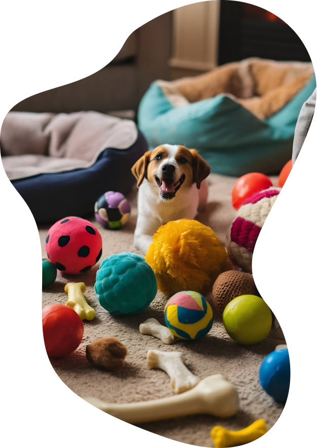 Dog with colourful toys